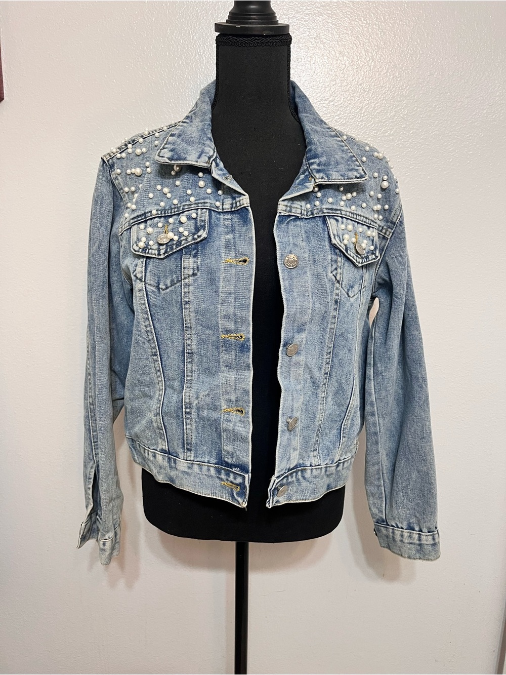 Pearl-Accent Light Blue Denim Jacket for Women